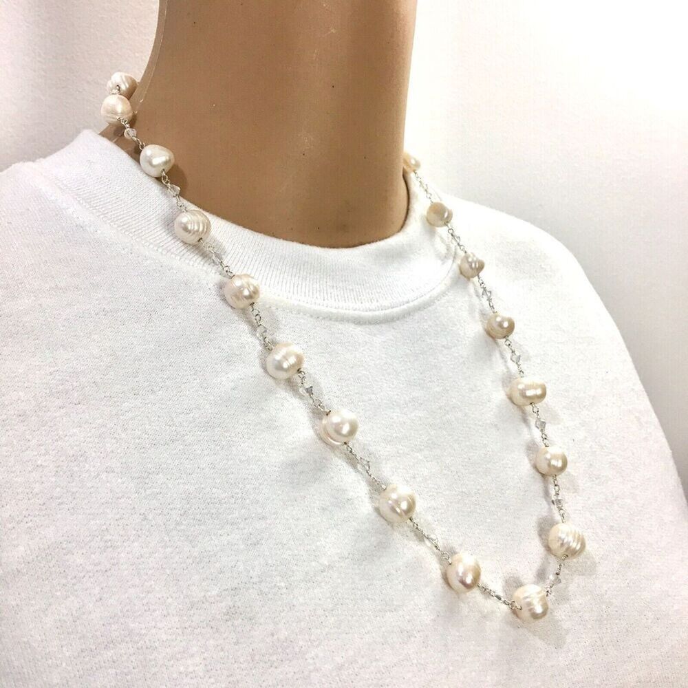 Baroque Pearl Necklace White Pearls AB Glass Beads Silver Tone Rosary Link 23in